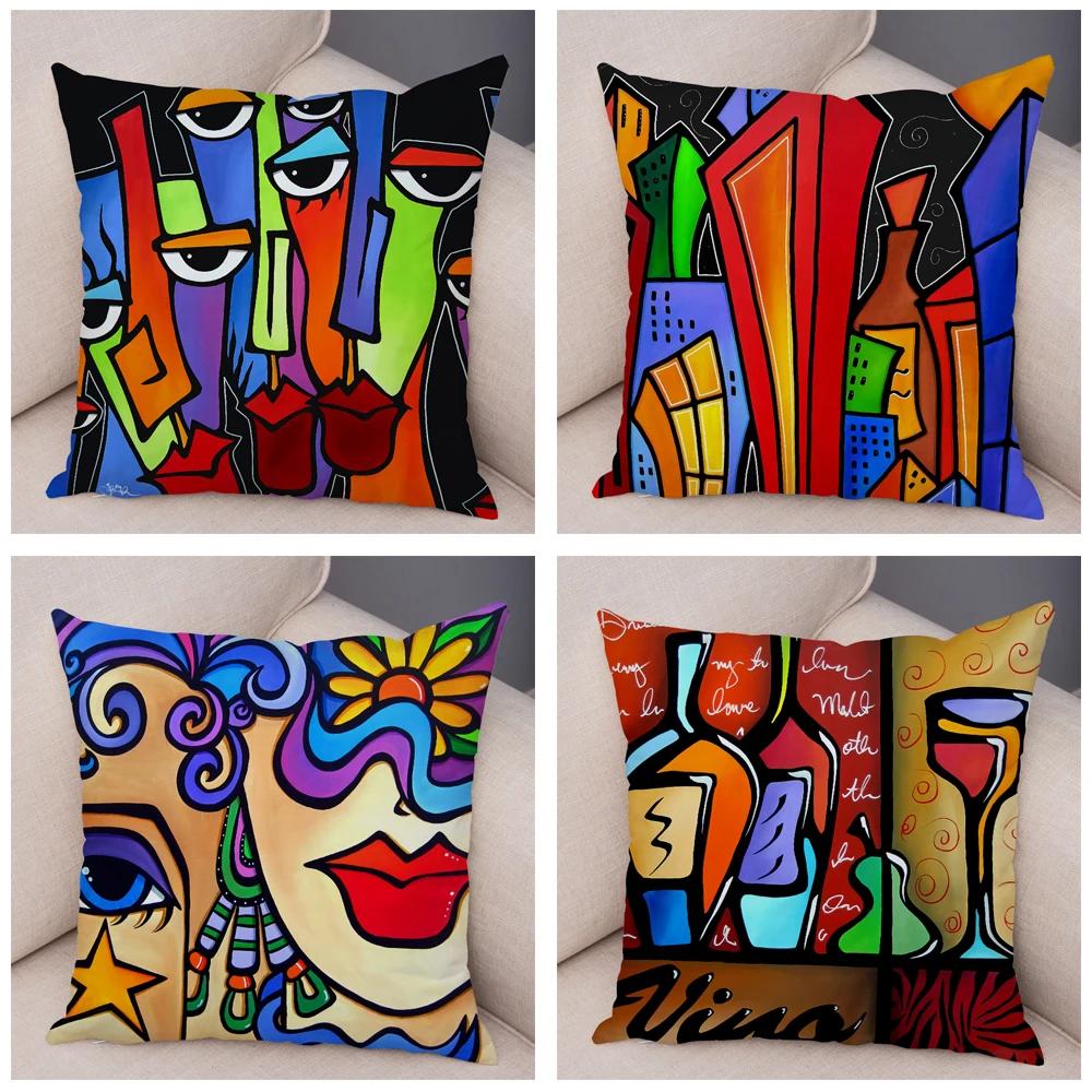 Abstract Painting Cushion Cover Decoration Nordic Style Colorful Cartoon Girl Pillowcase Sofa Home