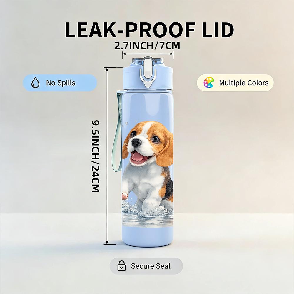 1 Pezzo Cucciolo di Beagle Ritratto con Schizzi d'Acqua 750ml Plastica Colorata Borraccia Sportiva Tappo Flip-Top Anti-Perdita Adatta per Sport Ufficio Uso Domestico