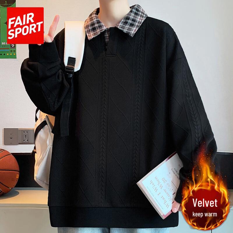 FAIR SPORT Men's Plaid Patchwork Polo Sweatshirt