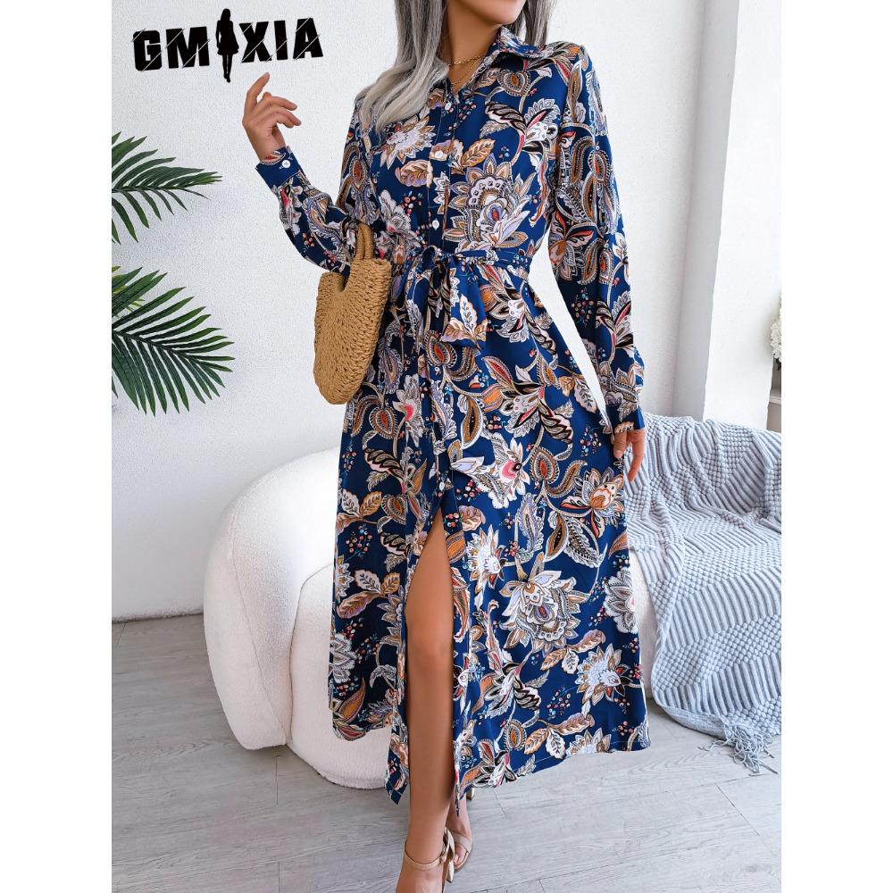 

GMXIA Женское платье-рубашка с длинным рукавом и цветочным воротником в стиле ретро на весну-лето XL синий