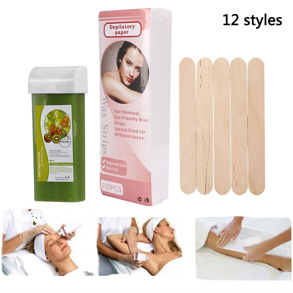 12 Typen Enthaarungs-Set 100g Wachs   100 Stk. Enthaarungspapier   5 Stk. Holzspatel