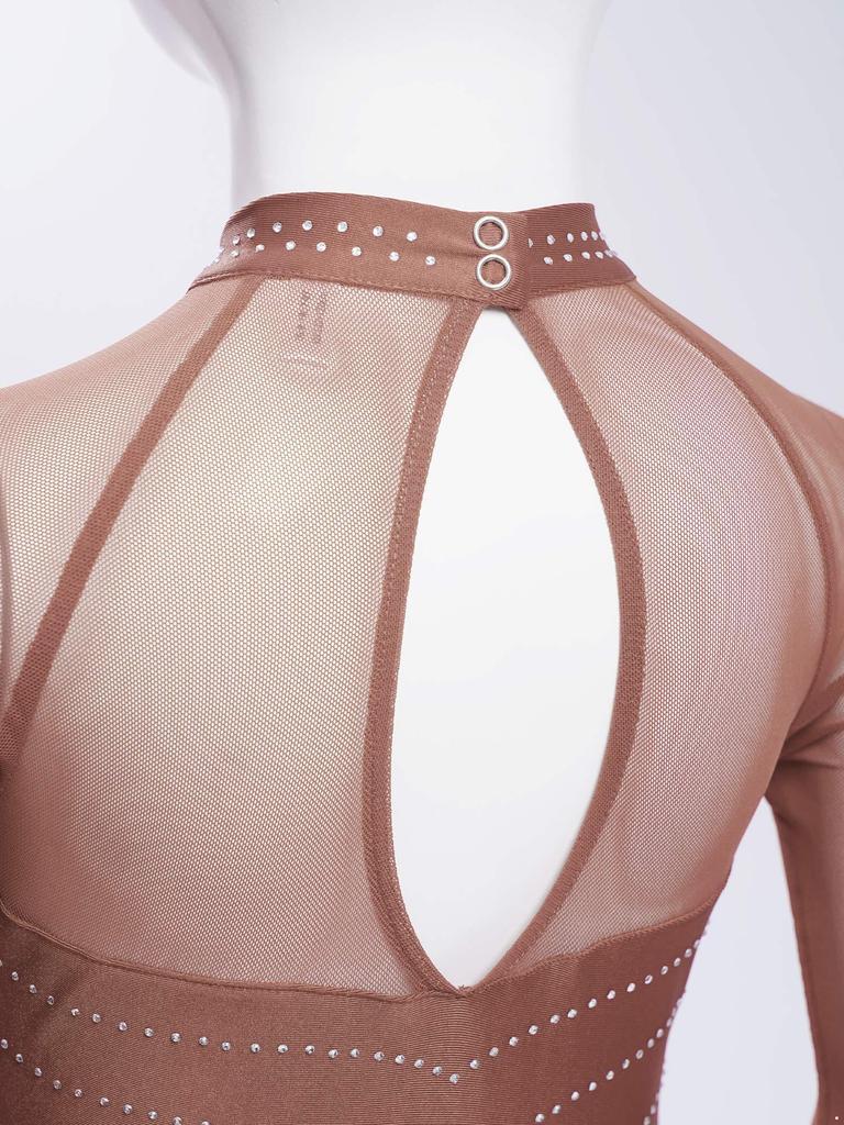 Mädchen Performance-Kleid Strasssteine Transparenter Mesh Patchwork Design Fließender Rock mit Schlitz Schlüsselloch-Rücken Body