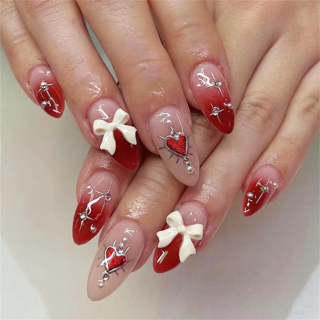 24Pcs Gradient Rhinestone Fake Nails with Red Heart Pearl Bowknot Decor for Party Wedding