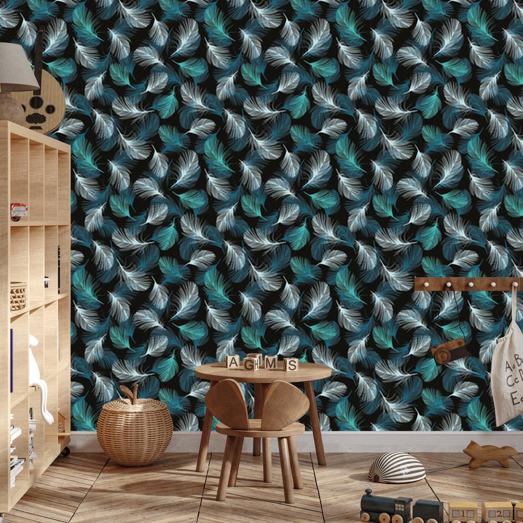 Turquoise Feathers Wallpaper for the Background of the Living Room and Bedroom 50x1000