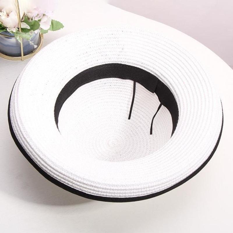Elegant Straw Sun Hat with Black Big Bow - Wide Brim, White & Black Dome, Perfect for Summer and Formal Occasions,Tea Party