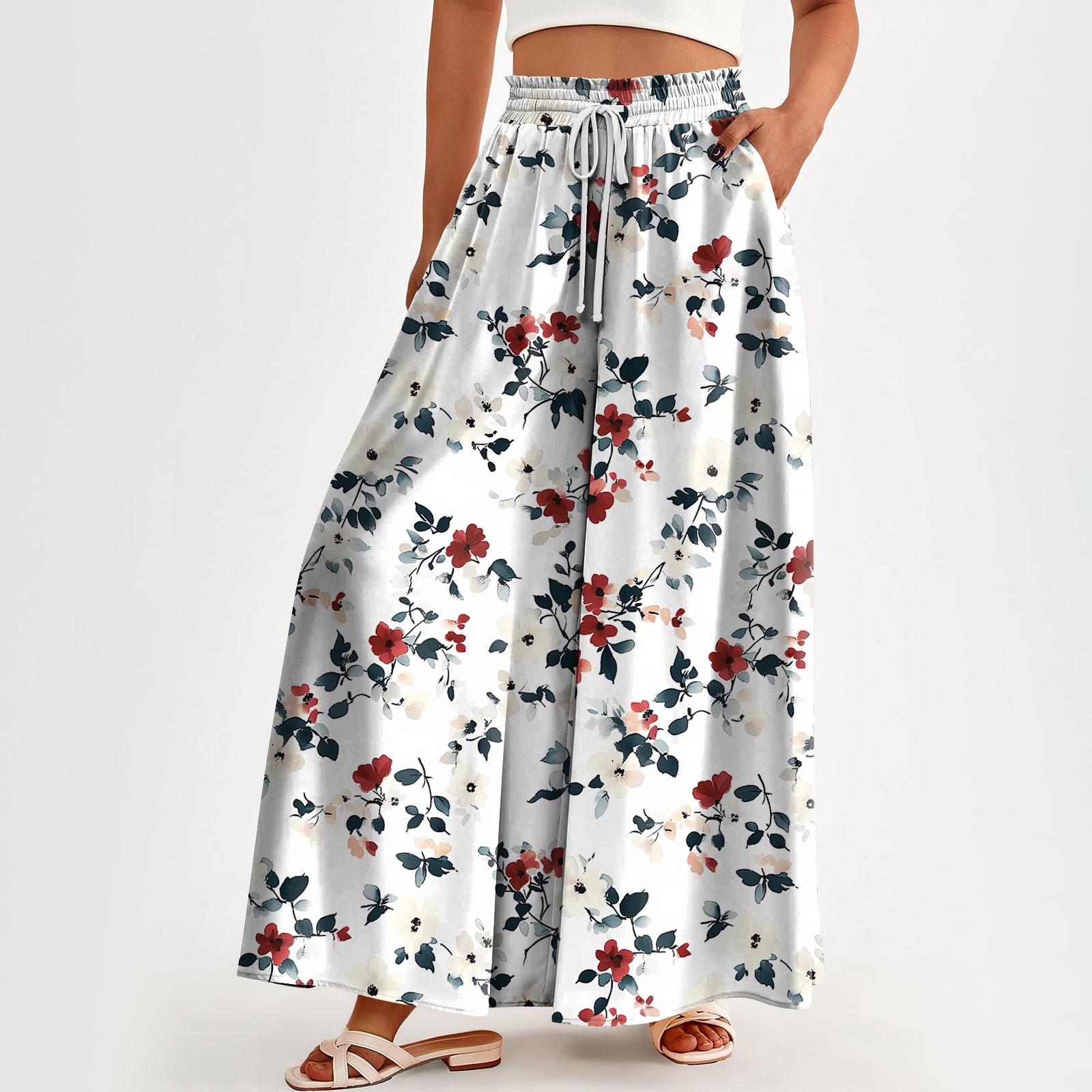 

Женские брюки с высокой талией, широкие, повседневные, струящиеся брюки-палаццо, брюки с цветочным принтом и карманом XXL