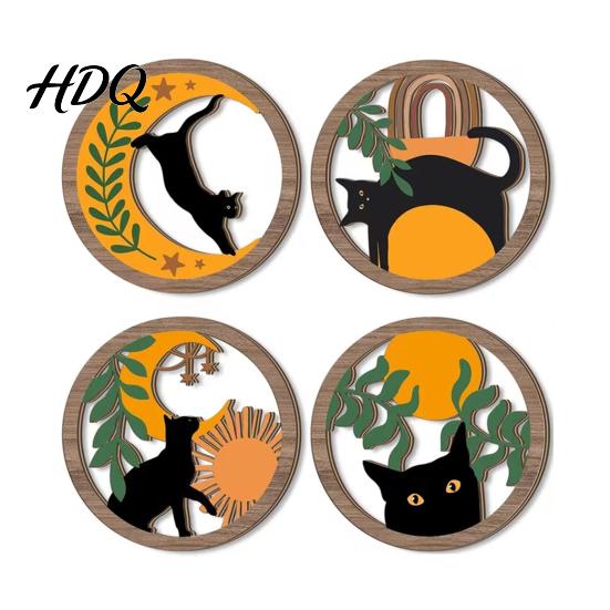 Healing Night Wall Decor 4Pcs 3D Boho Cat Decoration Round Wooden Hangings