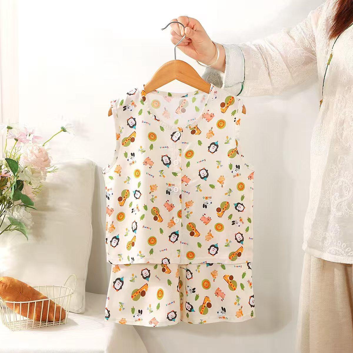 Girls Summer Cotton Rayon Sleeveless Shorts Set Cartoon Button Up Vest Homewear 90cm