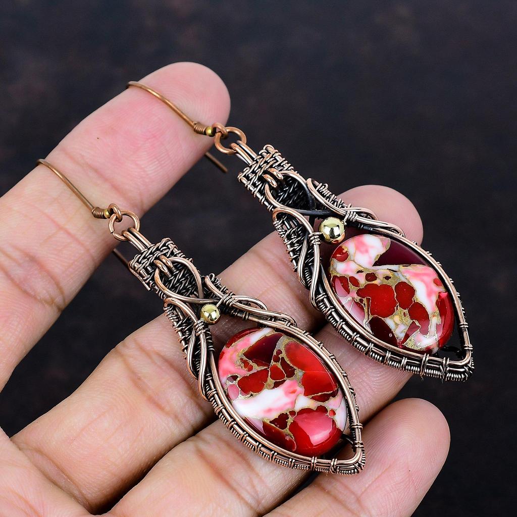 Kingman Red Mohave Copper Turquoise Earring Copper Wire Wrapped Gemstone Jewelry Handmade Earring Copper Wire Wrap Earrings Engagement Gifts