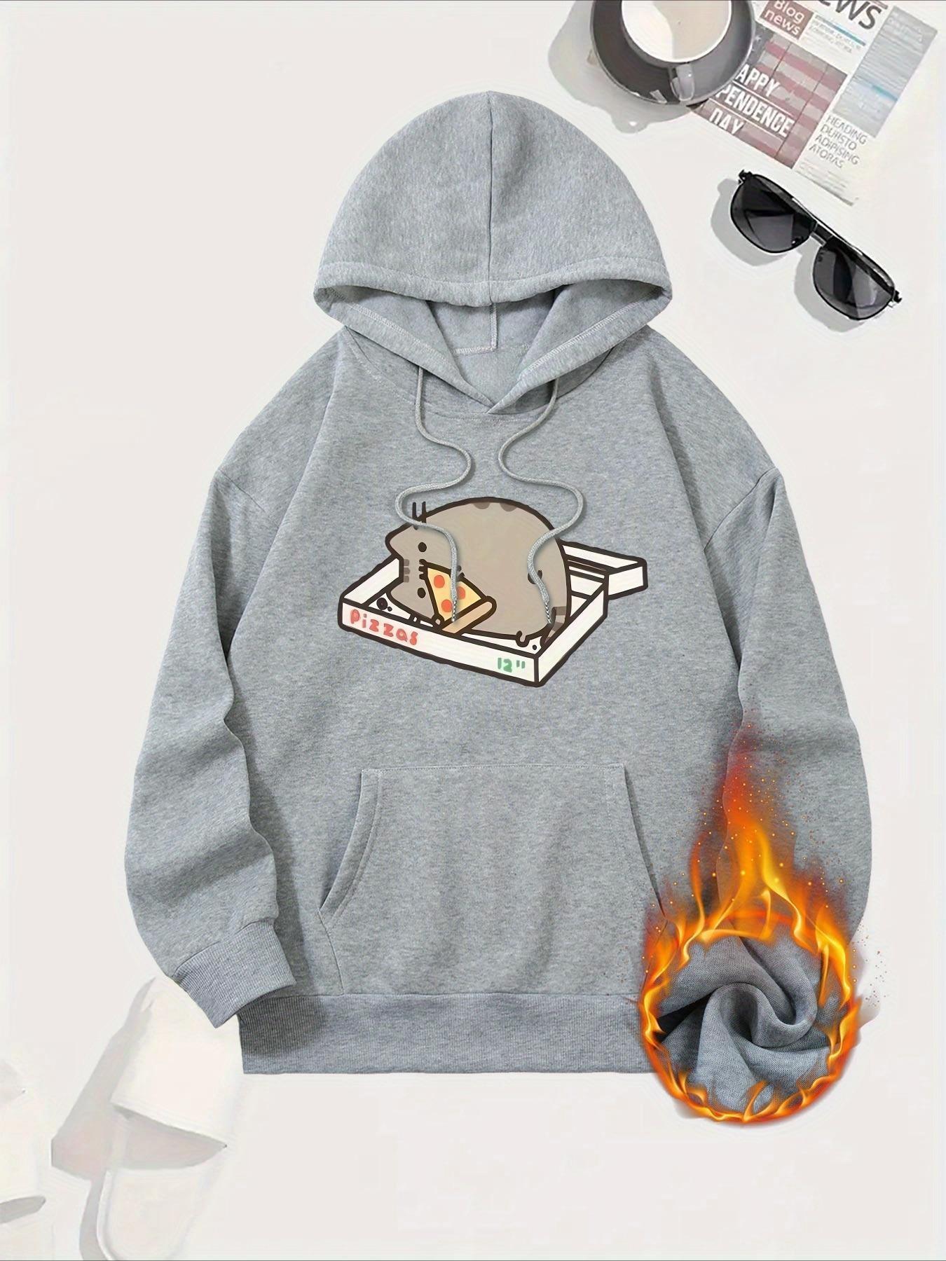 Cat and Pizza Cartoon Print 2025 Autumn Winter Women s Hoodie Top Round Neck Long Sleeve New Women s Sweatshirt Clothing S
