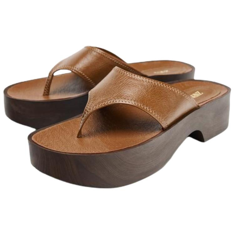Zara Goat Leather Slip-On Open-Toe Soft Leather Thick-Soled High Heels Anti-Friction Flip-Flops Women Footwear Brown 2631510105