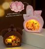 Moin moin Puppenhaus Miniatur Handgefertigtes Bausatz Set Flauschiges Tiergesicht Haus Rosa Kaninchen Schleife Anfänger Handflächengröße Gestalten Interieur Weißes Kleid LED-Licht