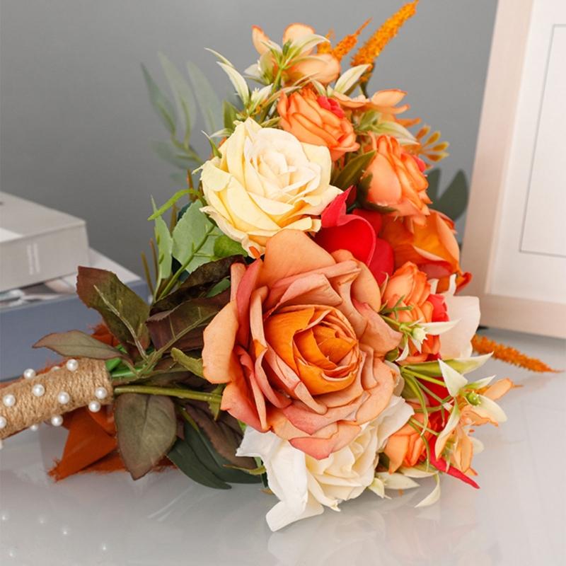 Exquisite Waterdrop Design Autumn Orange Flower Handheld Artificial Bouquet for Home Decoration and Events