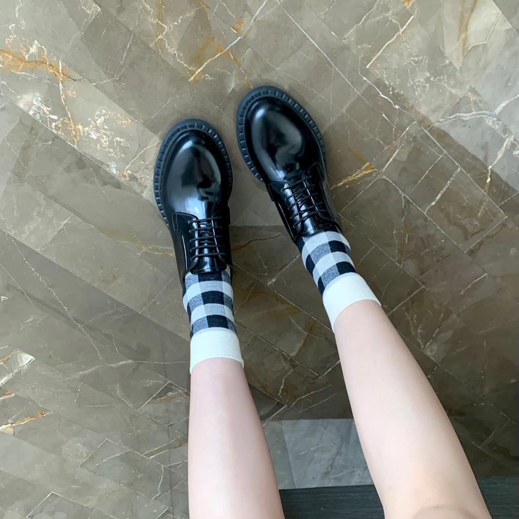 Cowhide Version~ Grape Mother Same British Style Lace-up Loafers Oxford Shoes Thick Heel Thick Sole Derby Small Leather Shoes Women