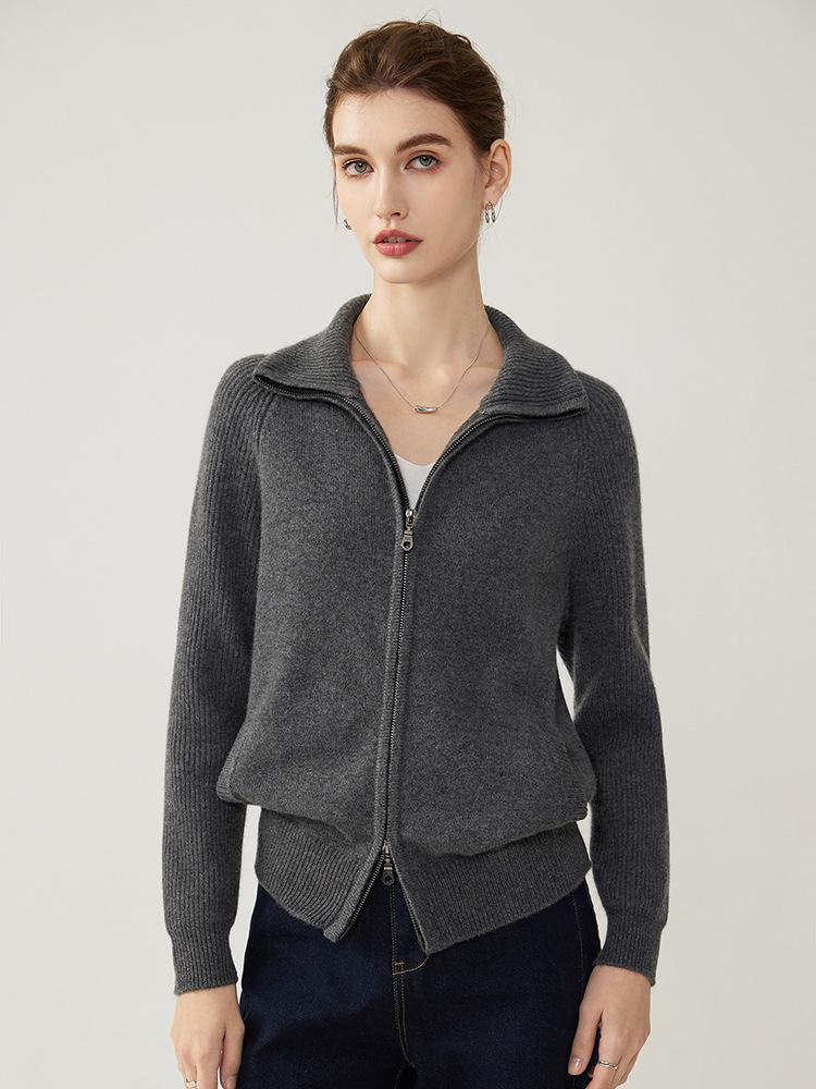 Women's Elegant Cashmere Cardigan: Winter 2026, Double Zipper, Loose Fit, Lapel Base Layer, Warm Outerwear
