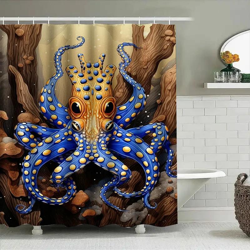 Octopus Shower Curtain Underwater Marine Animal Print 3D Waterproof Fabric Bathroom Decor Blue Yellow Colorful Large