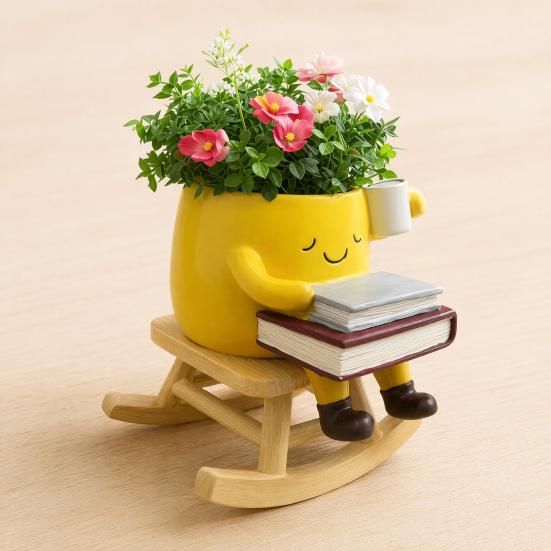 DYS Rocking Chair Plant Pot, Cute Smiling Face Planter, Resin Flowerpot with Drainage Hole for Succulents Indoor Plants