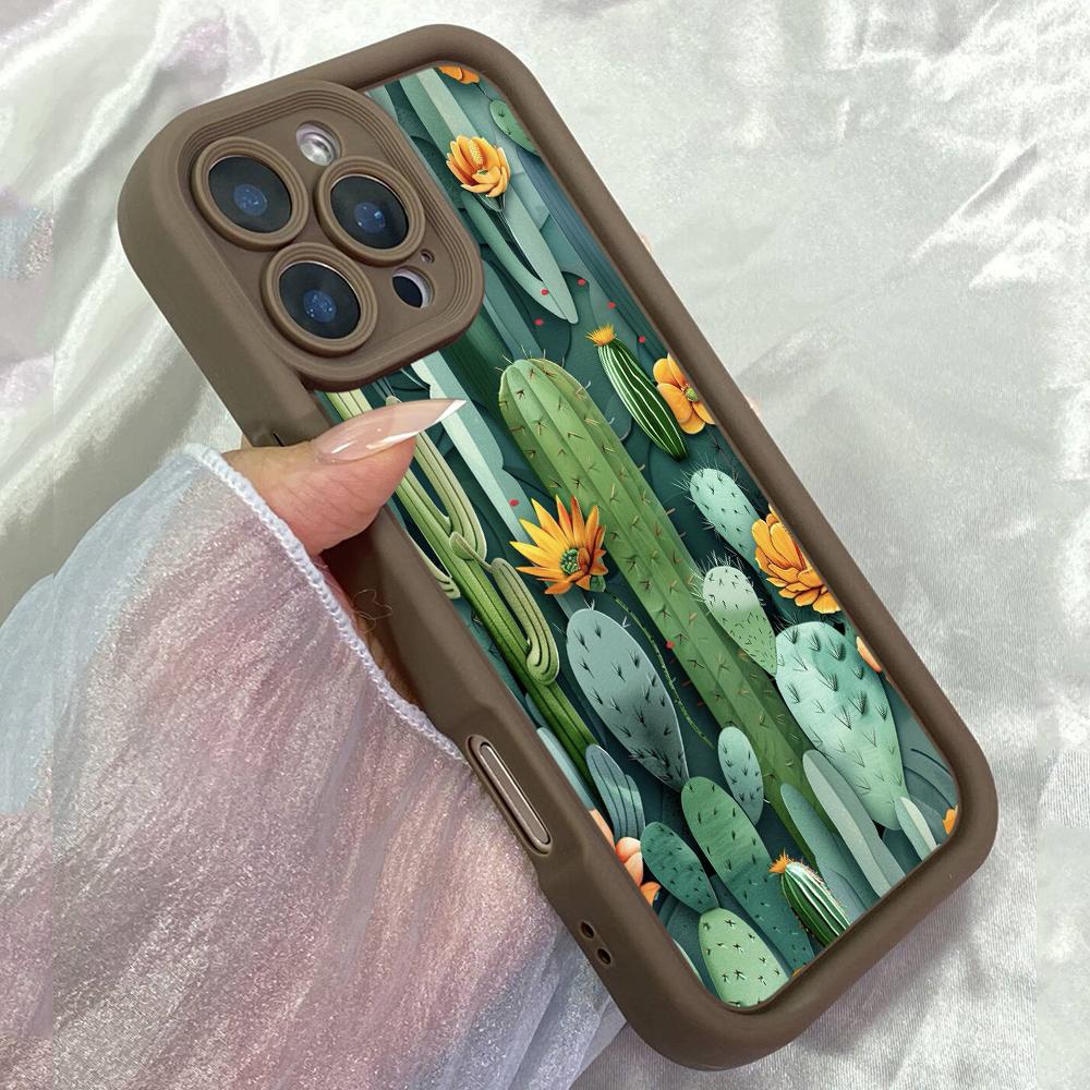 

JT109 Cactus Plants Illustration for iPhone 17 16 15 Pro Max Samsung S26 S25 S24 Ultra A17 A16 A07 A56 Xiaomi 15T Redmi 15c 14C Soft TPU Case Redmi Note 12 Pro 5G коричневий