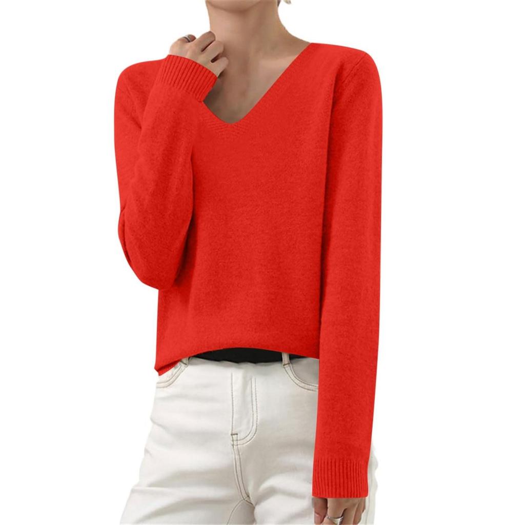 Women's Autumn And Winter Fashion Long-sleeved Basic V-neck Loose Pullover Sweater Top