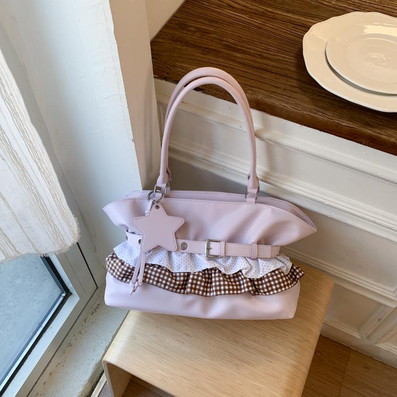 

Ballet Style Tote Bag With Ruffle Trim Women s Large Capacity Casual Shoulder Bag Magnetic Buckle Sweet Cute Commuting Handbag 37x12x23cm розовый