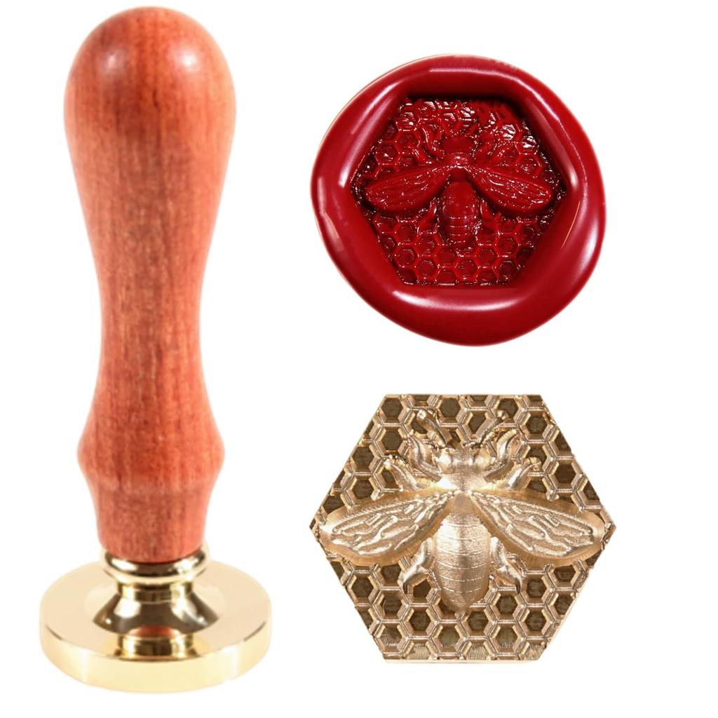 Wax Seal Stamp Kit 3D Bee Stamp with Vintage Wooden Handle for Envelopes Wedding Bottle, Sealing Wax Stamps with Deep-Relief Patterns Beeswax Wrap