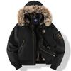 Men's Casual Winter Jacket, Black Hooded Bomber Style, Premium Faux Fur Hood, Good Cold Insulation, Decorative Badge Zipper