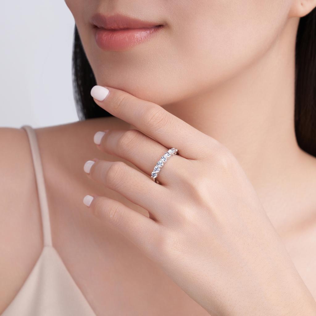 0.7 CTW S925 Sterling Silver Row Moissanite Ring Rhodium & 14K Gold Plated GRA Certified Luxe Wedding or Daily Band