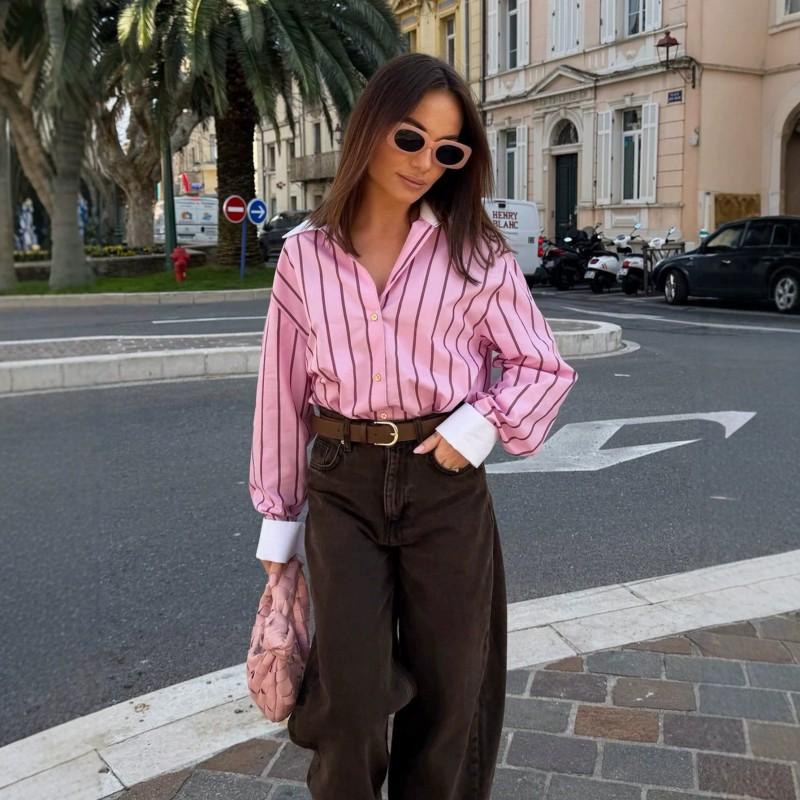 Womens Striped Collar Shirt Loose Long Sleeve Casual Top Streetwear Style Fall