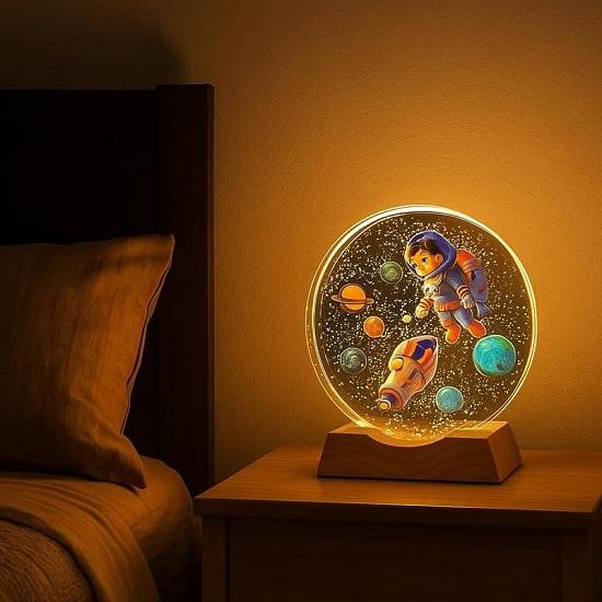 3D Astronaut Gutt Krystallkule Nattlampe med Trebase USB LED Bordlampe for Barnerom, gave