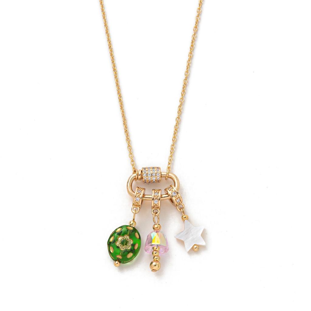 18K Gold Plated Multi-Pendant Necklace with Cross, Mushroom, Heart, Star, Pearl & Starfish on Titanium Steel