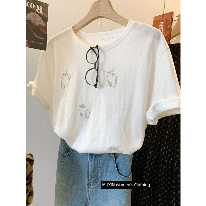 Fat Sister 100.00kg Plus size Retro Embroidered Cat Cool Feeling Lightweight Snowflake Cotton Short sleeve Women Summer Overfit t-shirt Top