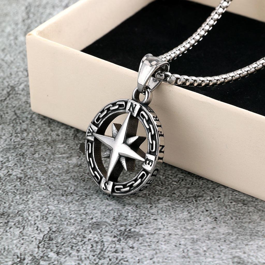 Vintage Stainless Steel Compass Pendant Unisex Fashion Necklace Charm