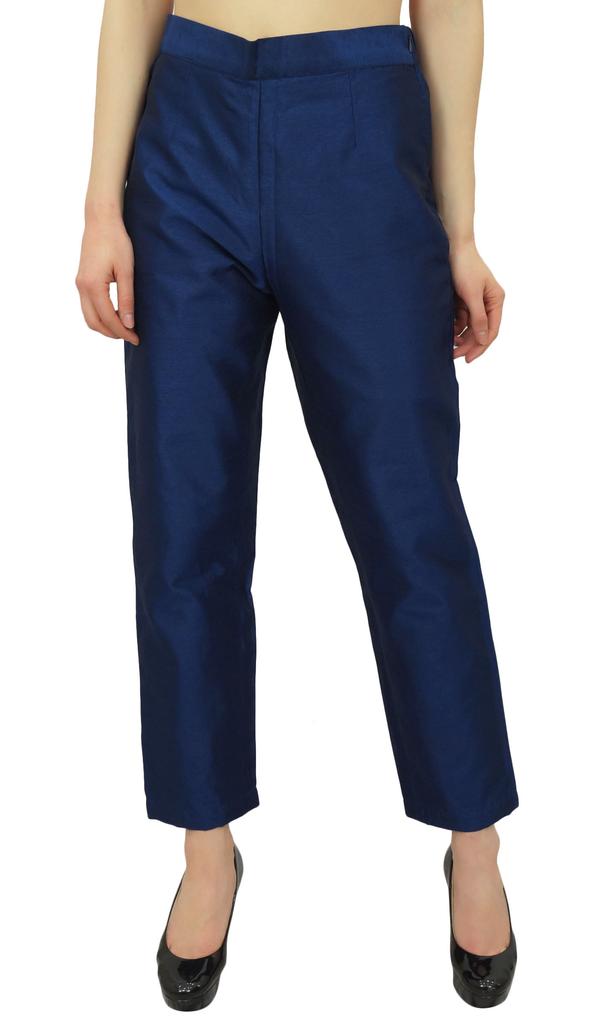 Phagun Women's Beige Dupion Pants High Waist Narrow Bottom Trousers-Large
