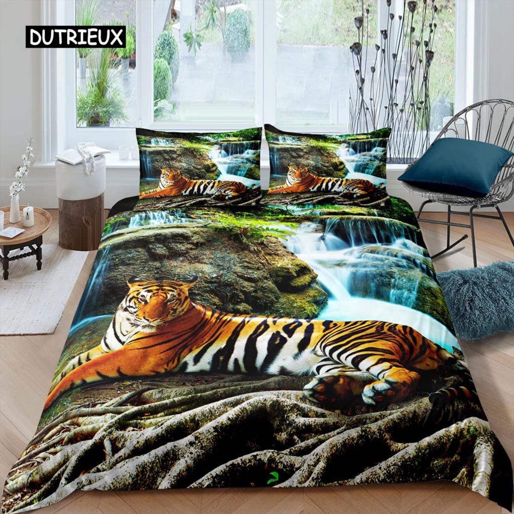 3D Waterfall Duvet Cover Set King Size Microfiber Botanical Floral Trees Pattern Bedding Set Purple Dream Theme Comforter Cover
