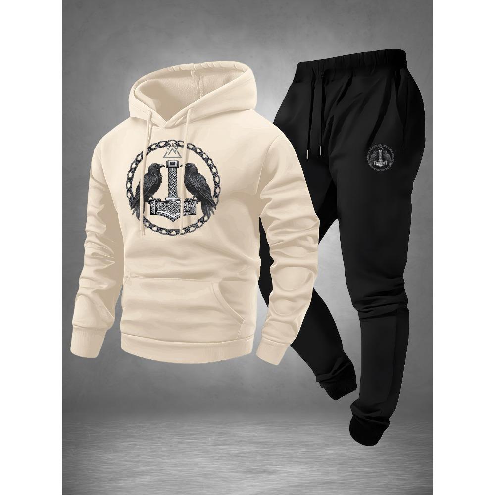 Men's Fashion Printed Hooded Sweatshirt and Sweatpants Set, Autumn and Winter Casual Sports Two-piece Set