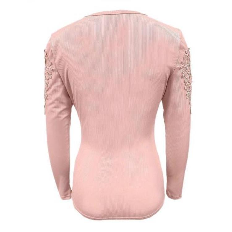 Women Hollow Out Lace Patchwork Pullover T Shirt Long Sleeve Slim Fit Soft Stretchy Round Neck Button Closure Solid Color Top Lady Spring Fall