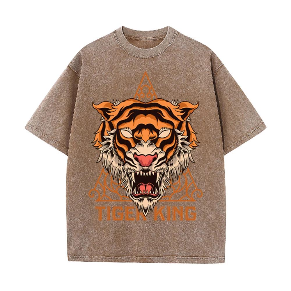 2026 Vintage Washed Black Tiger Head Graphic T Shirt Triangle Ornament Tiger King Retro Print Oversized Men Streetwear Casual Sh