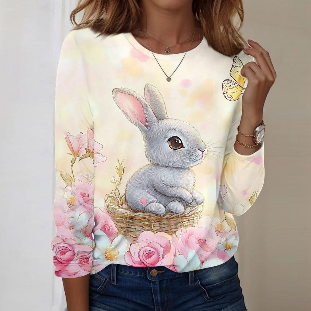 Koszule damskie z długim rękawem Śliczne nadruki Koszulki z nadrukami Bluzki Casual Plus Size Podstawowe topy Pulowery