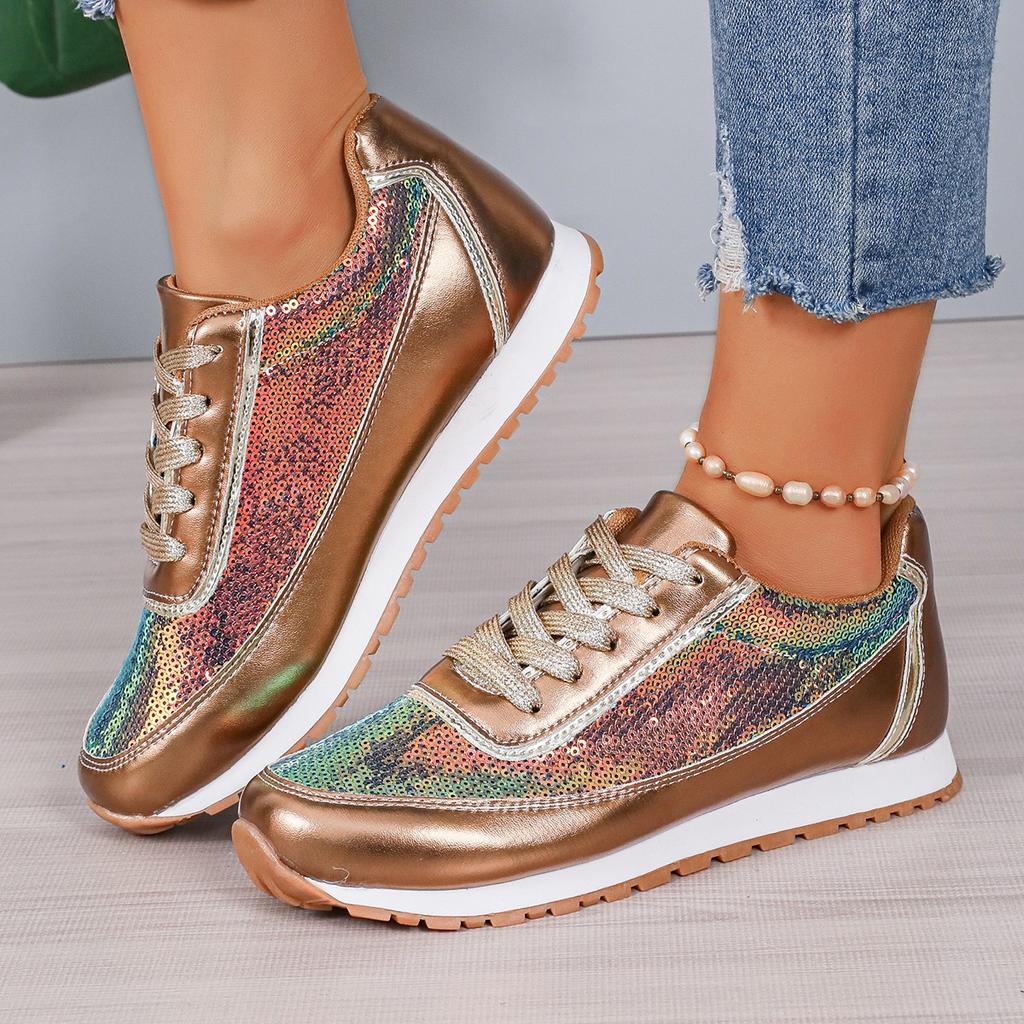 Fashion Women Casual Shoes Fashion Paillette Walking Flat Shoes Sneakers Women Thick-sole Vulcanized Shoes White Female Footwear