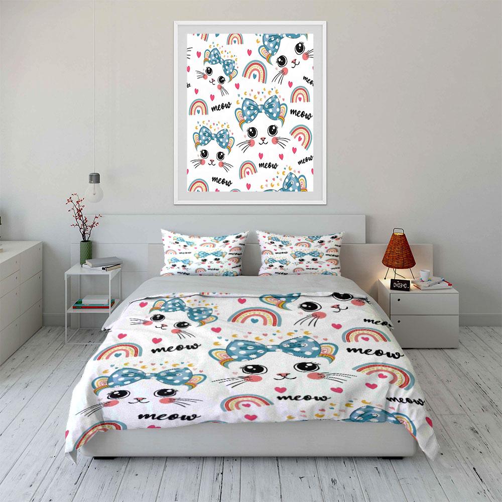 Cartoon Cat And Rainbow Pattern Print Bedding Set 1 Duvet Cover 2 Pillowcases For Adult And Children Luxury Gift Full Size