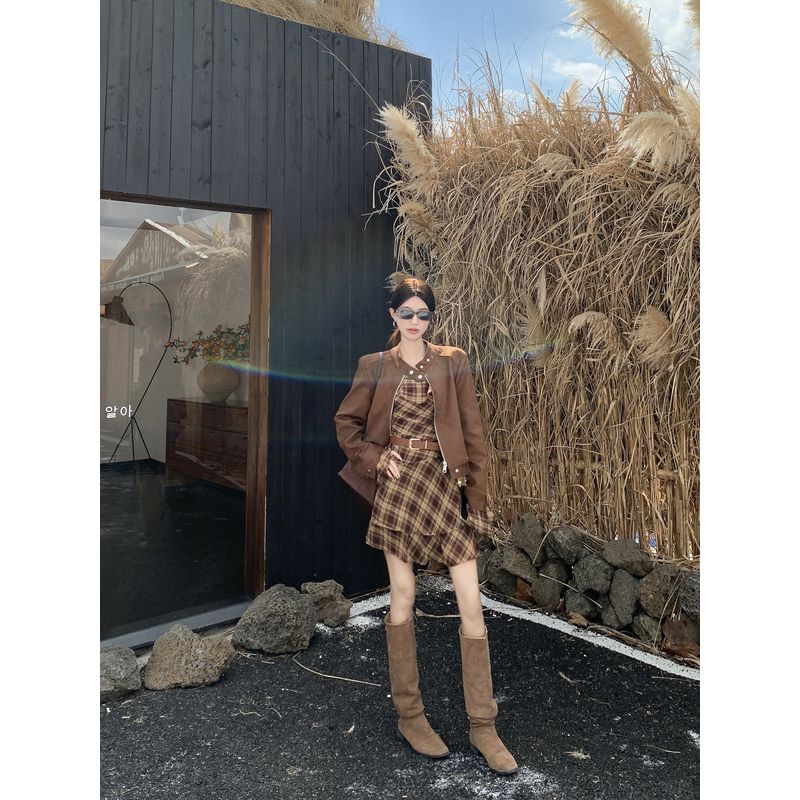 Kumikumi Retro Set Slimming Long sleeve Outerwear Women Autumn Irregular Plaid Long sleeve Dress Two-piece Set