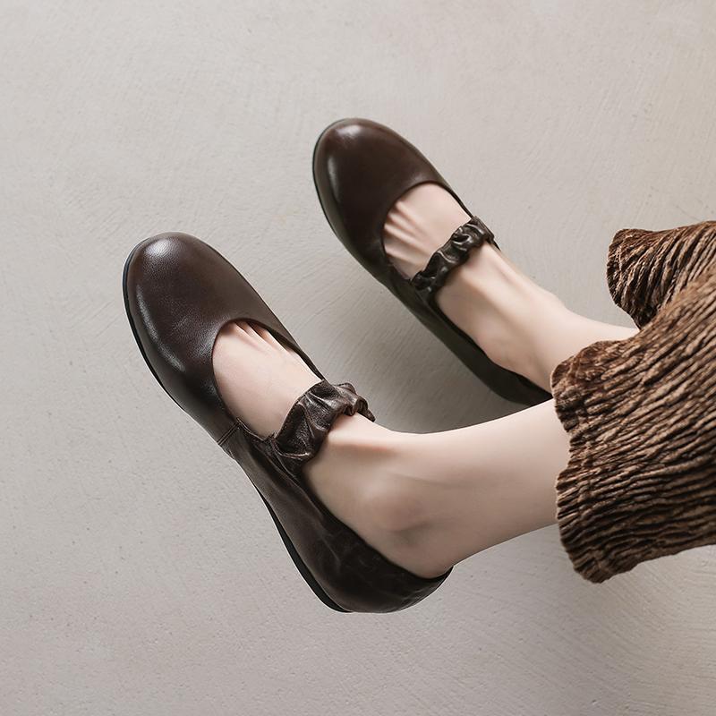 Fashion 2025 New Spring Women Flats Round Toe Women Shoes Fashion Flat Heels Mary Janes Ladies Shoes Genuine Leather Retro Brown Shoes