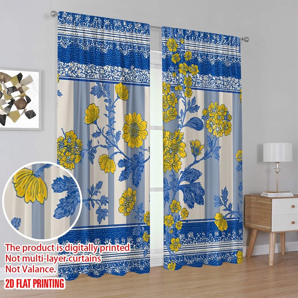 2pcs,2D Plane Printing Curtains Roller Blinds Blue Yellow Floral Stripes Polyester Easy Install (without Rod) Home Decor for