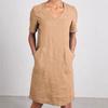 Women's Cotton Linen Shirt Dress Summer Short Sleeve V Neck Midi Dress Casual Shift Dress with Pockets