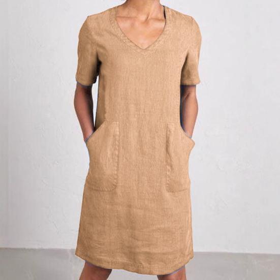 Women's Cotton Linen Shirt Dress Summer Short Sleeve V Neck Midi Dress Casual Shift Dress with Pockets
