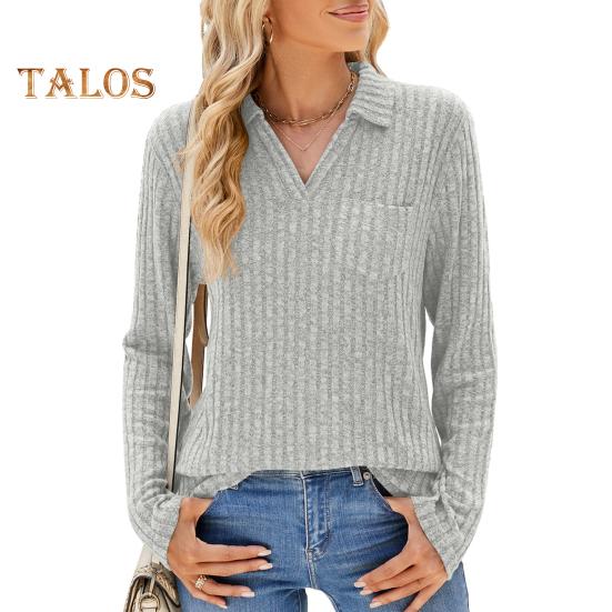 Pulover de femeie cu rever cu decolteu în V, buzunar la piept, cu mânecă lungă, de culoare solidă, topuri de tricotat, pulover casual cu nervuri