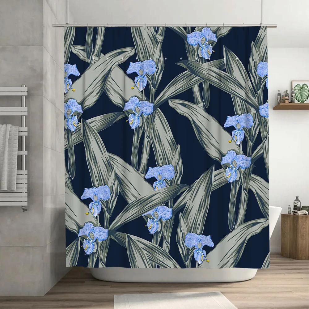 Modern Blue Floral Shower Curtain Waterproof Polyester Decorative Bath Rug Set for Bathroom Accessories
