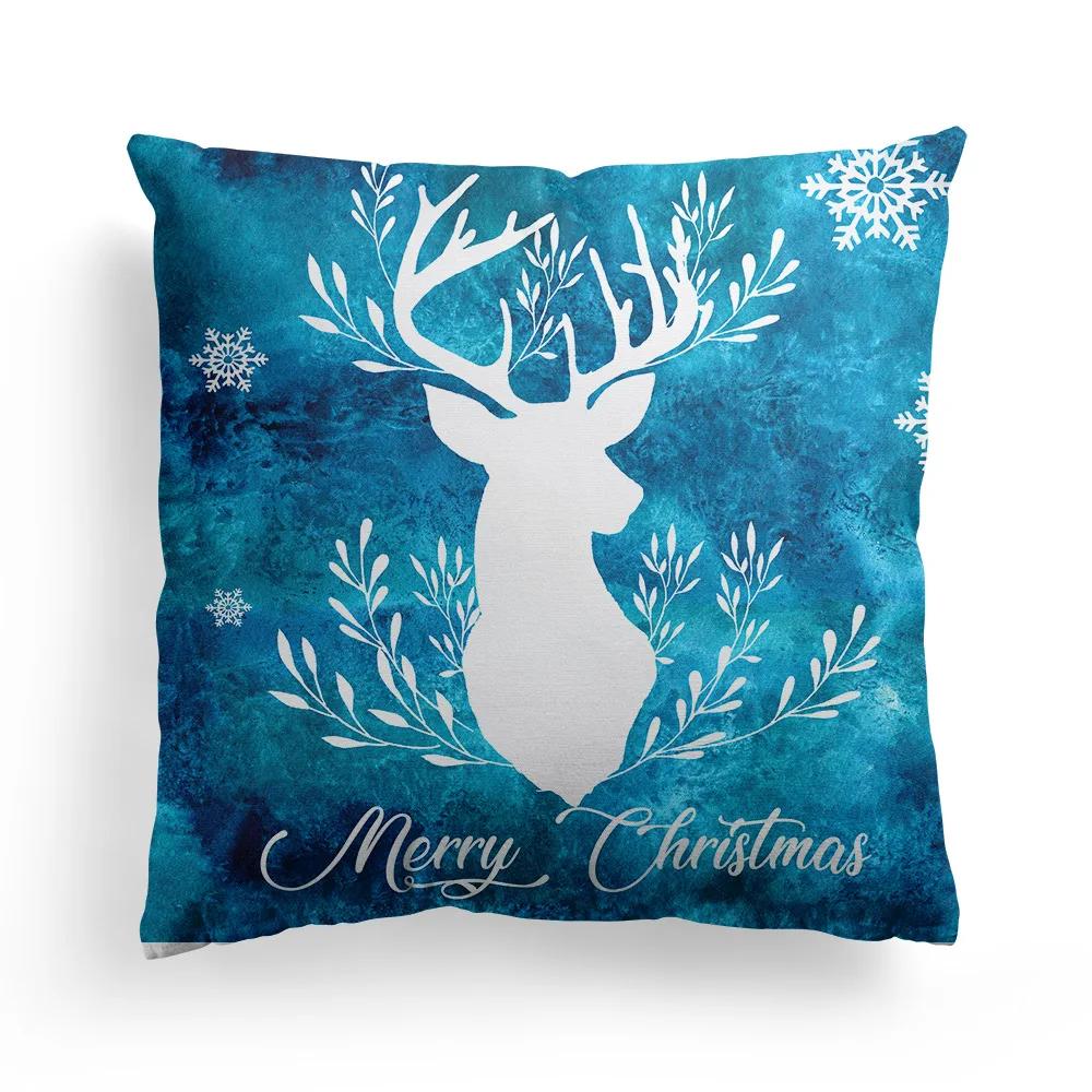 New Christmas Blue Watercolor Elk Pillowcase Christmas Decoration Holiday Gift Living Room Sofa Ornament Bedroom Home Decoration