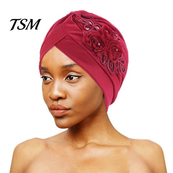 Winter Hat Women Good Stretch Wind-proof Tear-resistant Anti-shrink Brimless Warm Sequin Trim Flower All Match Turban Fashion Accessory Lady Beanie