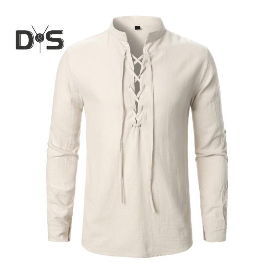 

Весна Осень Мужская Рубашка На Шнуровке Воротник-стойка Длинные Рукава С Запонками Однотонный Свободный Ретро Средневековый Средневековый Средневековый Топ Средней Длины Повседневный Офисный Топ M хаки